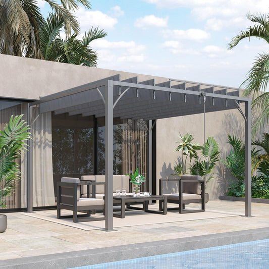 Outsunny 3 x 3(m) Outdoor Pergola with Retractable Roof, Aluminium Louvered Patio Gazebo Canopy for Lawn Garden Patio, Grey - ALL4U RETAILER LTD