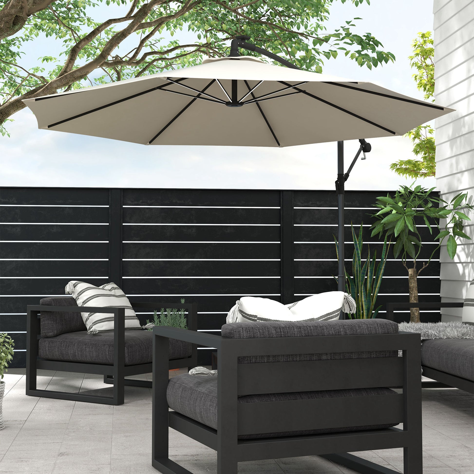 Outsunny 3m Cantilever Umbrella with Solar-Powered LED Lights and Crank Handle for Garden Shade - ALL4U RETAILER LTD