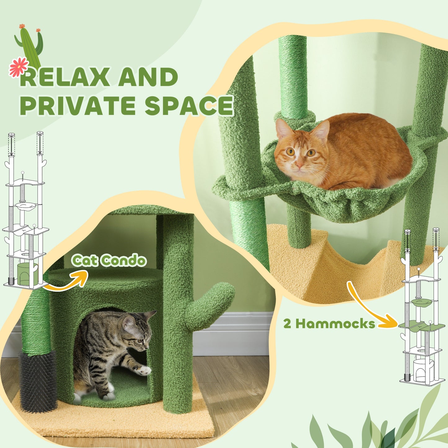 PawHut Adjustable Green Cat Tower: Floor to Ceiling Cat Tree with Hammocks & Scratching Posts for Indoor Use