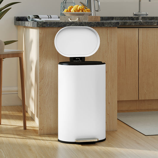 HOMCOM 30 L Pedal Kitchen Bin Modern Curved White With Soft Close Lid Fingerprint Resistant Metal For Quiet Operation