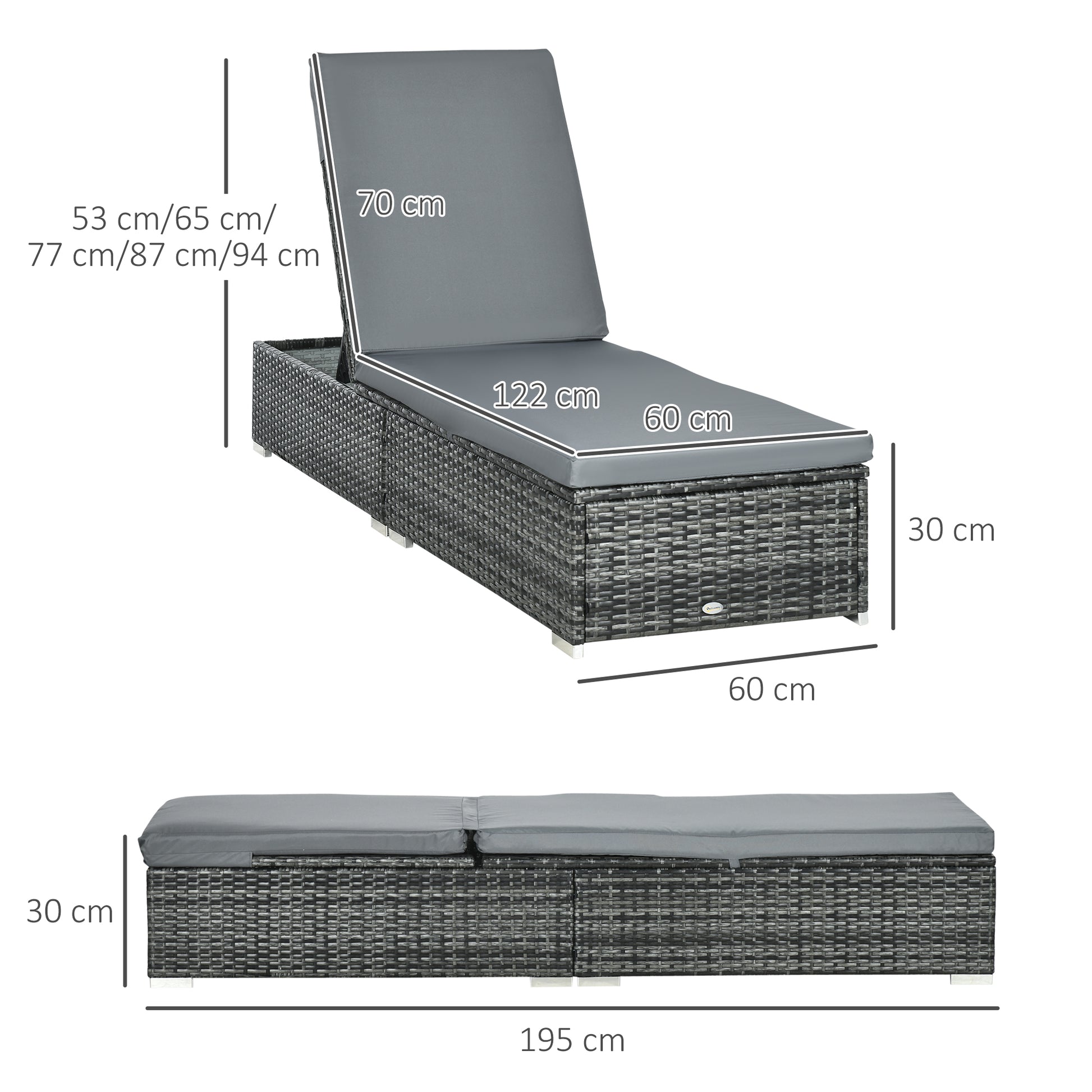 Outsunny Grey PE Rattan Adjustable Reclining Sun Loungers Set of 2 with Cushions for Garden and Patio - ALL4U RETAILER LTD