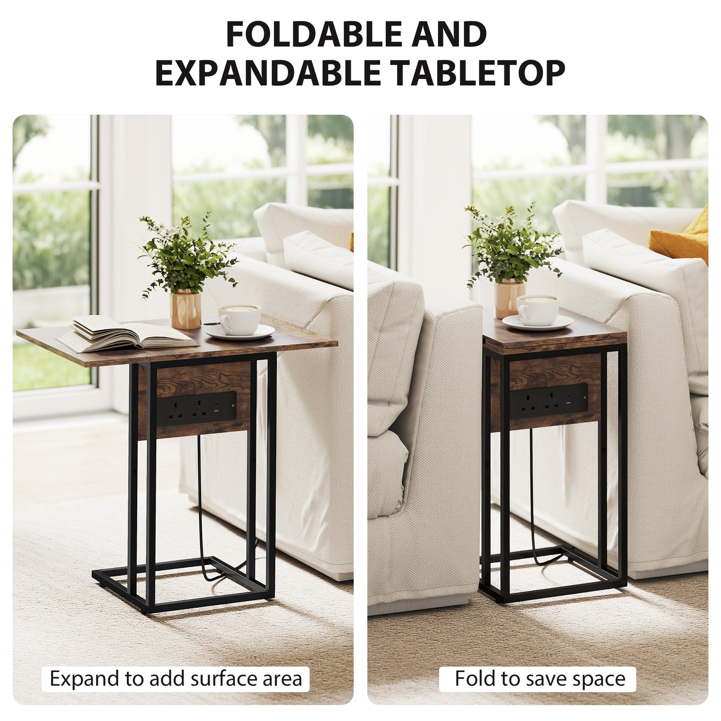 HOMCOM C Shaped Side Table With Charging Station And Foldable Top Rustic Brown Compact Design