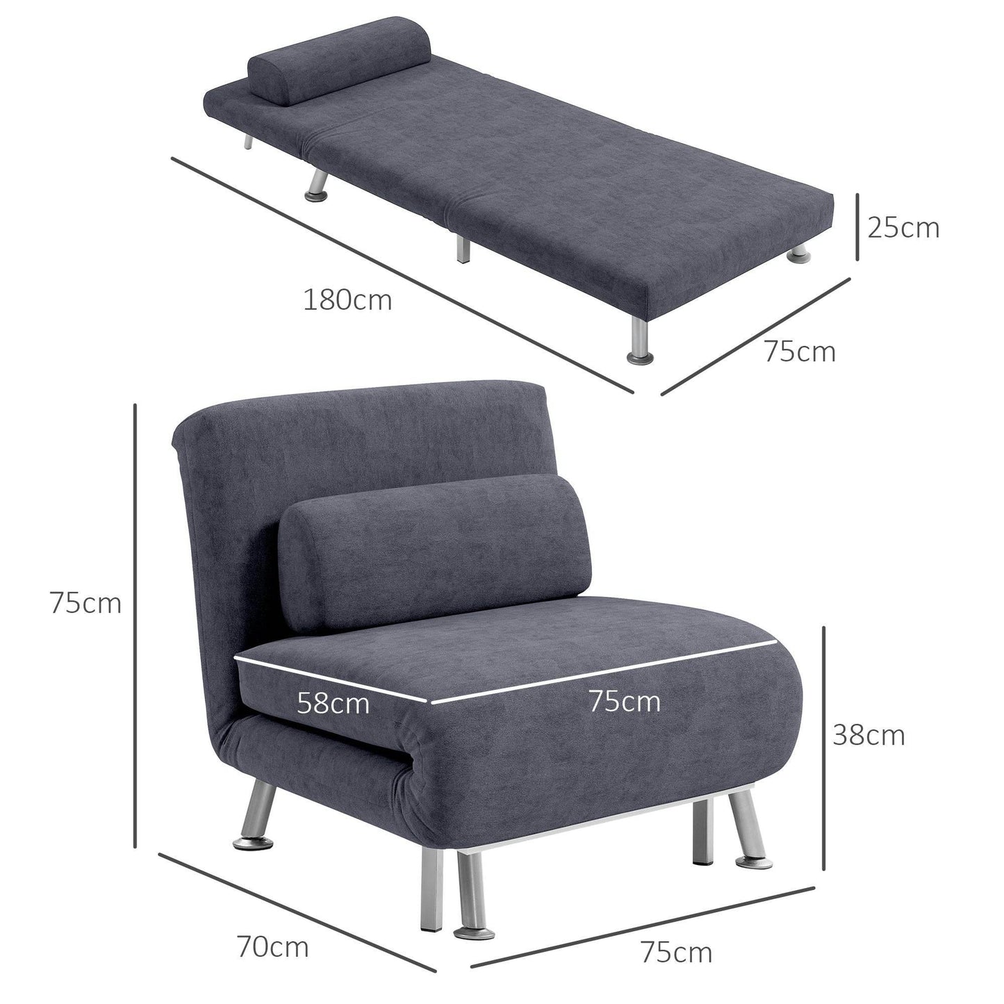 HOMCOM Versatile Charcoal Grey Velvet Sleeper Chair with Adjustable Backrest - ALL4U RETAILER LTD