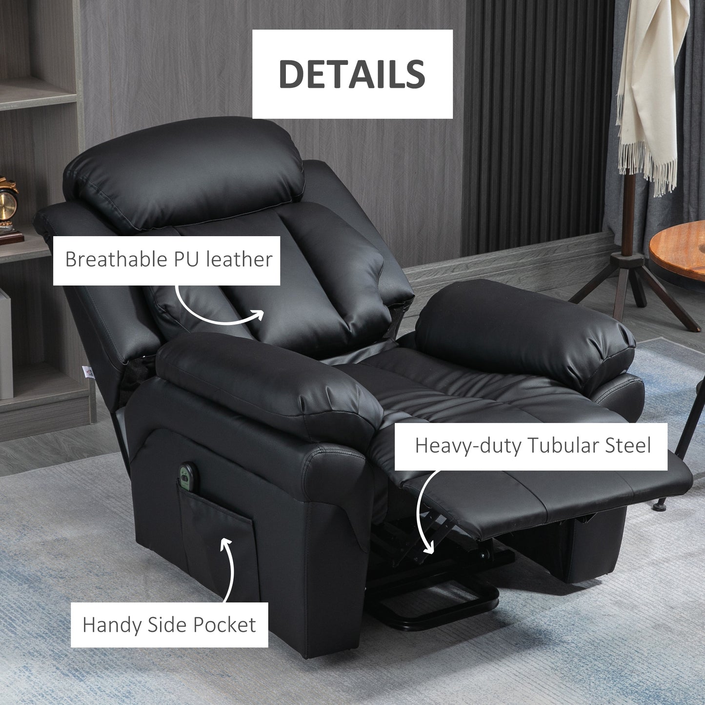 HOMCOM Power Lift Chair Recliner for Elderly Electric Recliner Overstuffed Faux Leather with Remote and Side Pockets