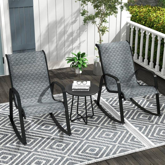 Outsunny 3 Piece Outdoor Rocking Set with 2 Armchairs and Metal Top Coffee Table - Patio Bistro Set with Curved Armrests - Breathable Mesh Fabric Seat for Garden, Deck - Mixed Grey. - ALL4U RETAILER LTD