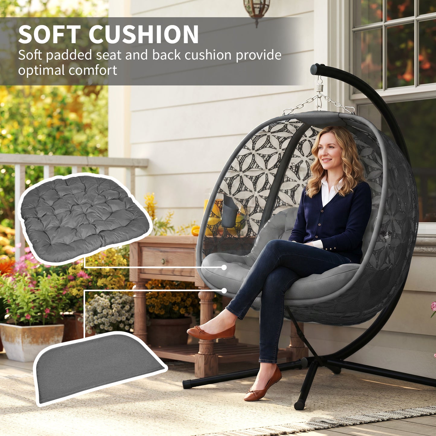 Outsunny Outdoor Double Hanging Chair With Cushion And Cup Holders Charcoal Grey