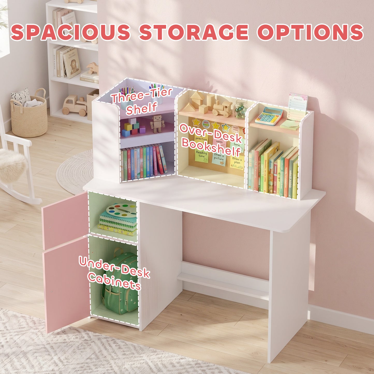 Pink Kids Desk and Chair Set with Adjustable Tablet Stand Storage Shelves