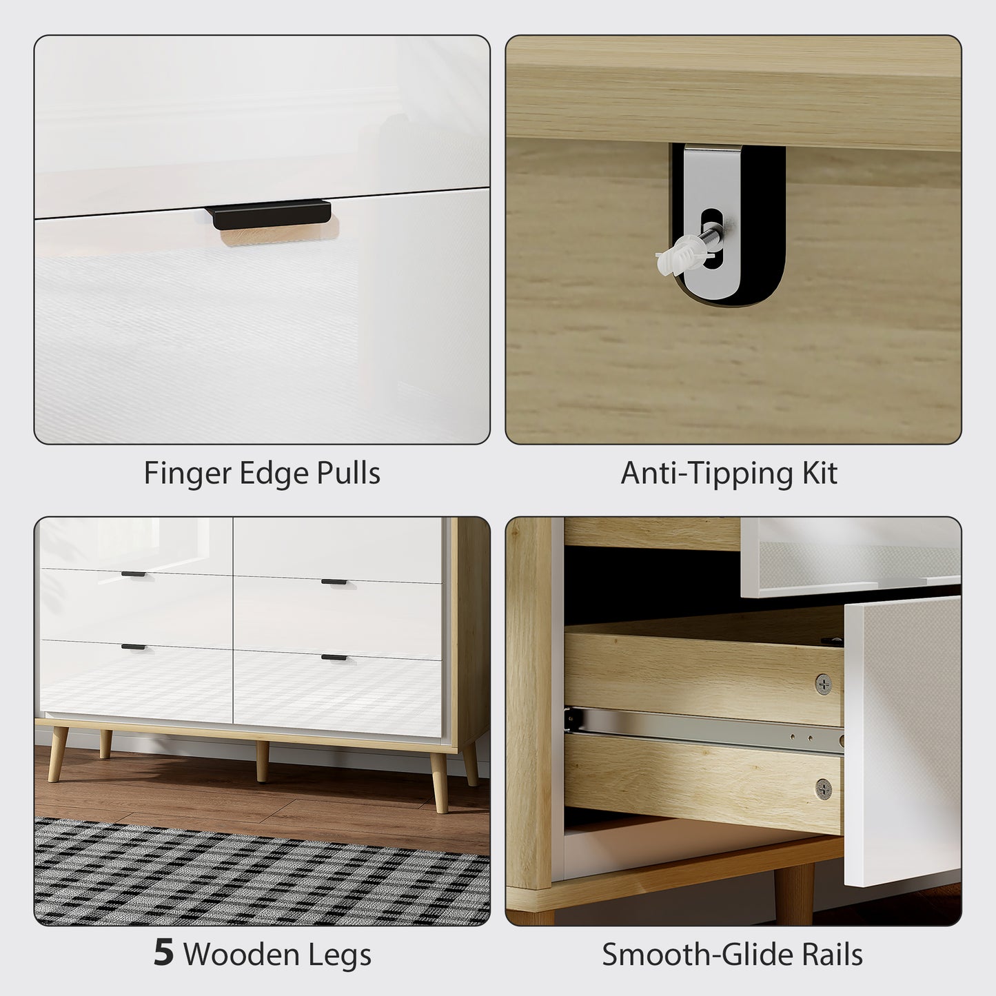 HOMCOM White High Gloss Chest of Drawers with Six Drawers and Five Legs for Bedroom