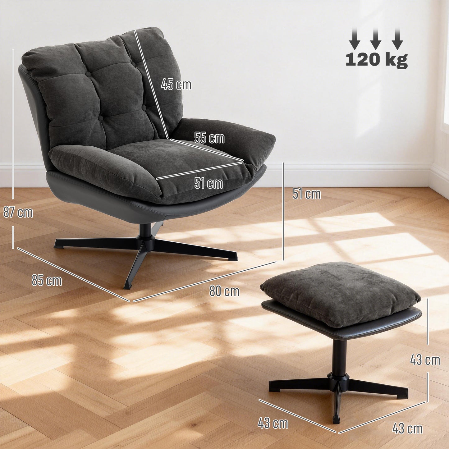 HOMCOM Accent Chair With Footstool Swivel Lounge Chair Chenille Upholstery Metal Base Dark Grey