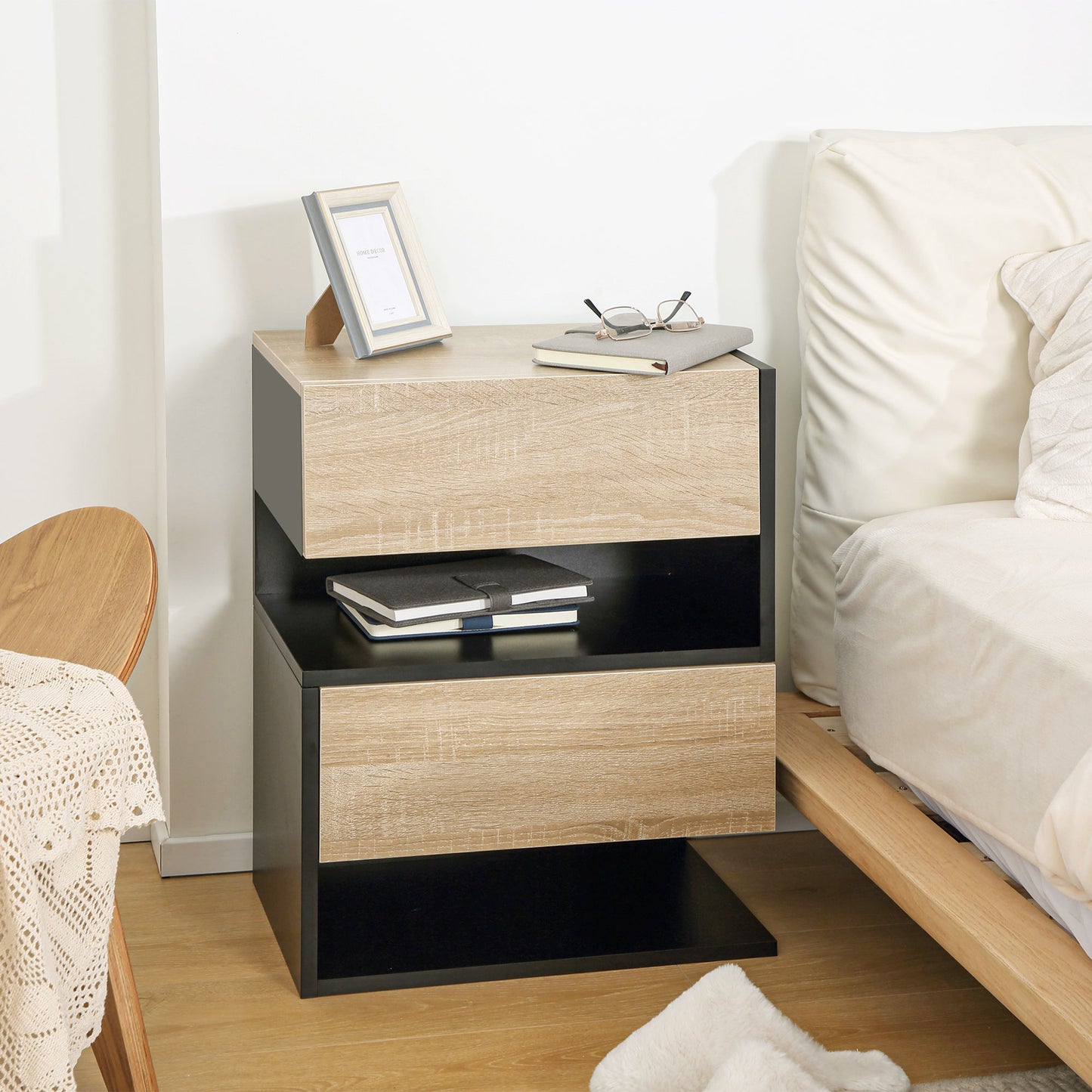 HOMCOM Floating Bedside Table Set of 2, Wall Mounted Bedside Cabinet with Drawer and Open Shelf, Modern Nightstand for Bedroom, 46 x 30 x 30 cm, Oak Tone