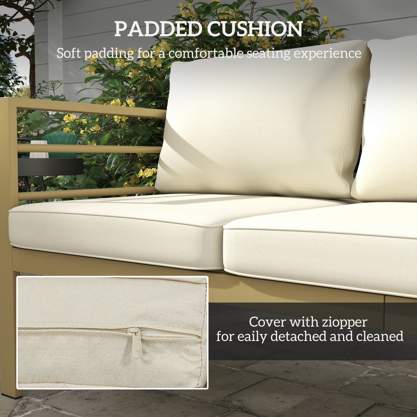 Outsunny Garden Bench With Cushions 3 Seater Sofa With Backrest And Armrests Cream White 185 X 66 X 64 Cm