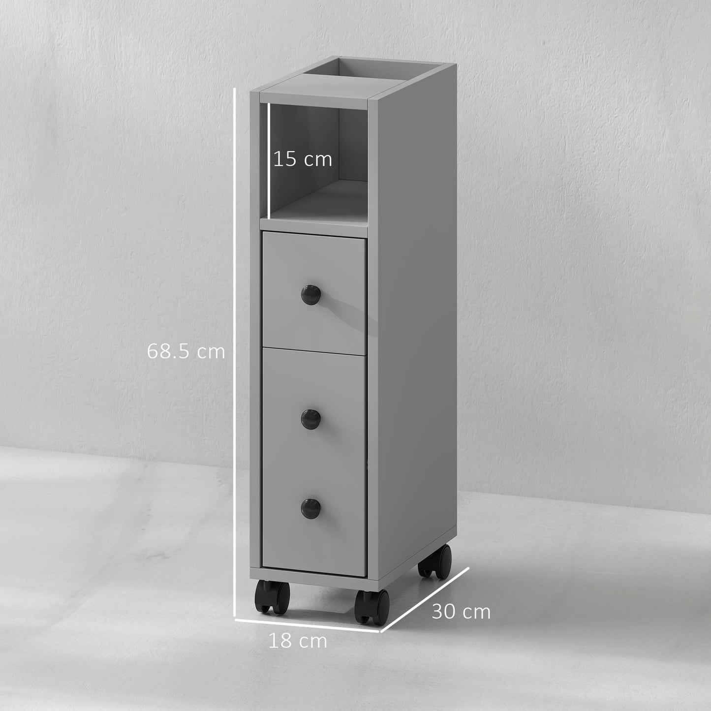 Kleankin Slimline Bathroom Storage Cabinet Grey With Top Drawer And Two Open Compartments