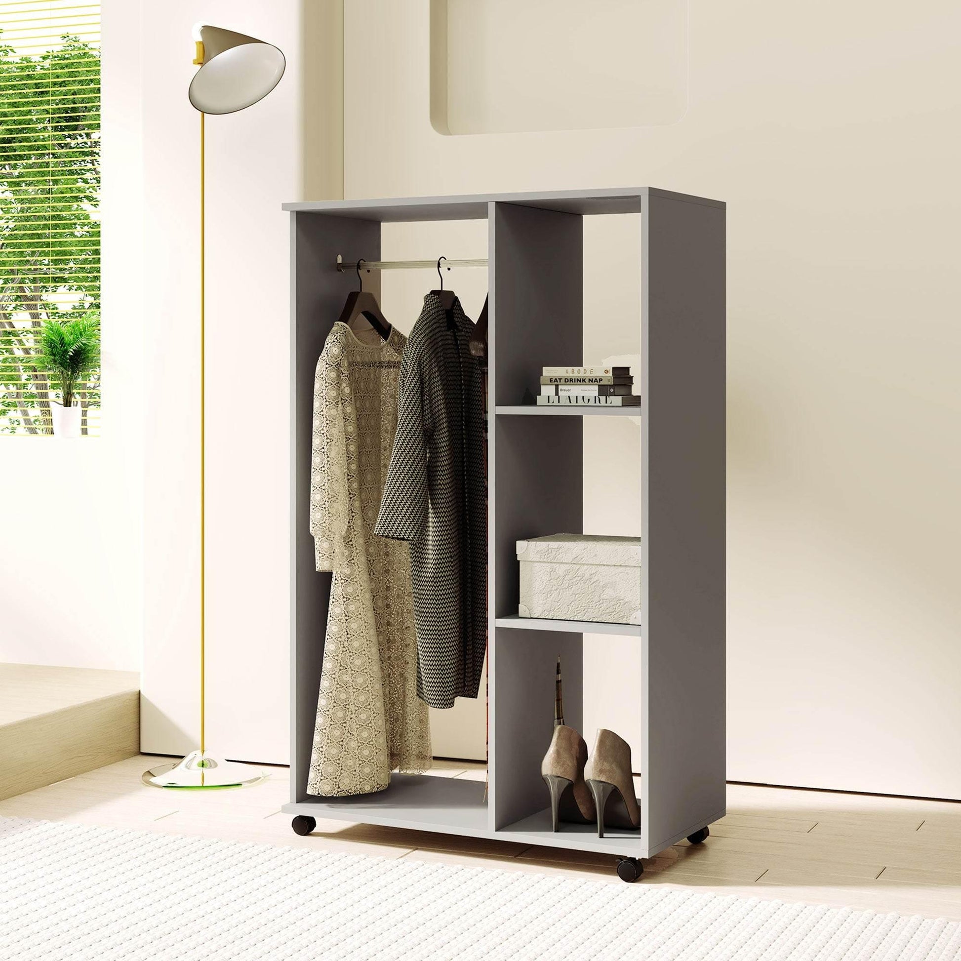 Mobile Grey Open Wardrobe with Clothes Rail and Shelves - Versatile Garment Rack on Wheels for Bedroom and Hallway - ALL4U RETAILER LTD