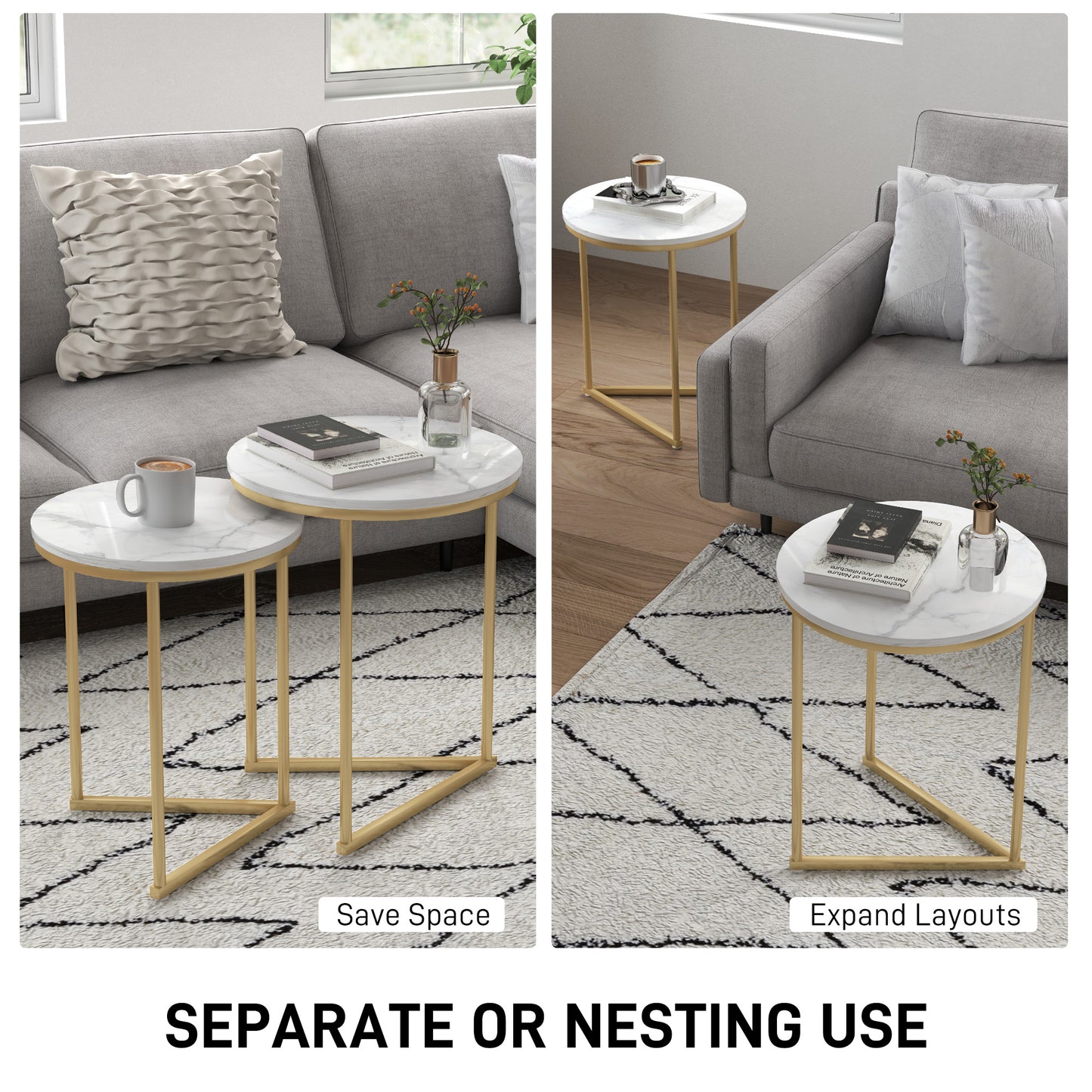 HOMCOM Marble Effect Nesting Tables Set Of Two White And Gold Tone Finish Perfect For Living Room And Hallway