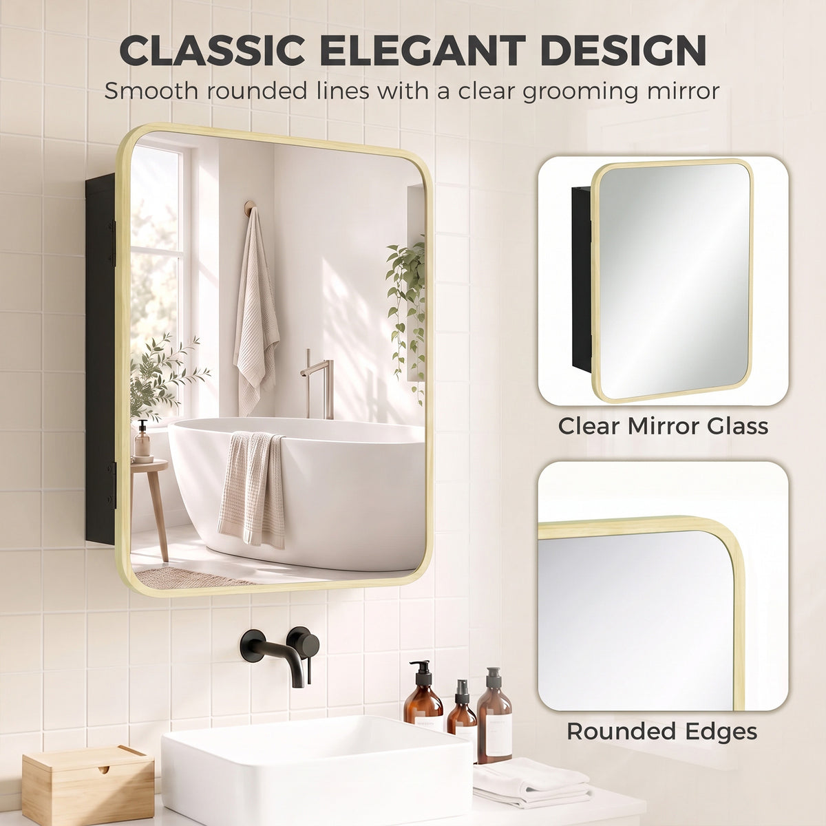 Wall mirror cabinet with clear mirror glass, rounded edges, natural wood frame