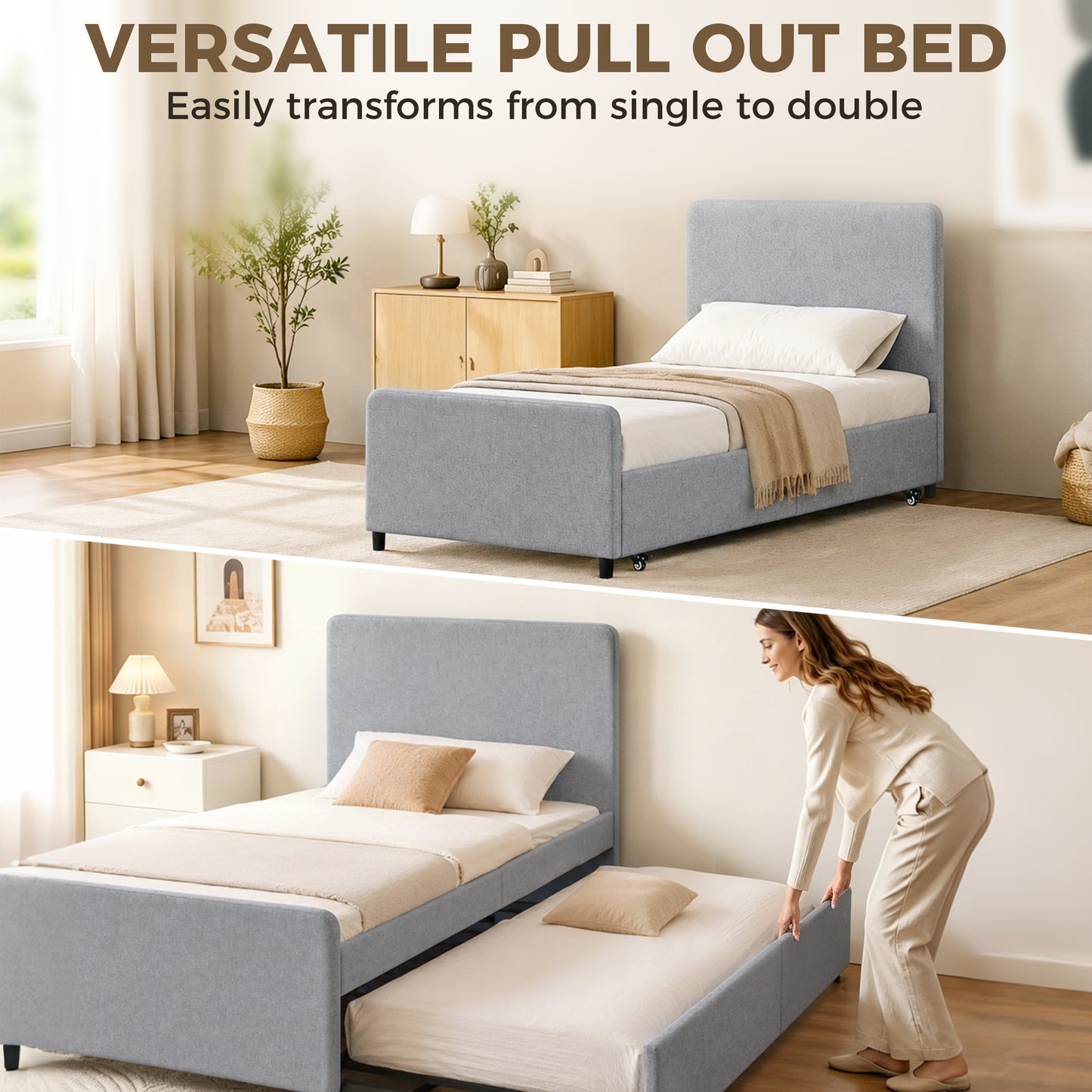 HOMCOM 3ft Single Bed Frame with Trundle Upholstered Pull Out Trundle Bed with Headboard And Footboard Light Grey