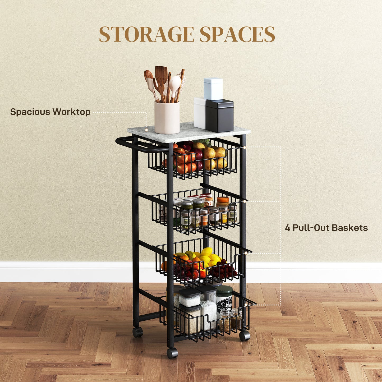 HOMCOM Four Basket Mobile Kitchen Island With Brakes Grey And Black With Marble Effect Countertop