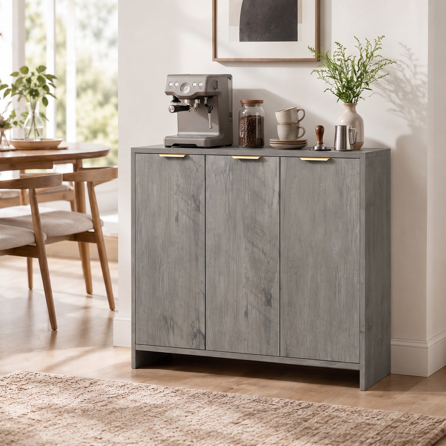 Homcom Sideboard Storage Cabinet With 3 Doors Adjustable Shelves Grey