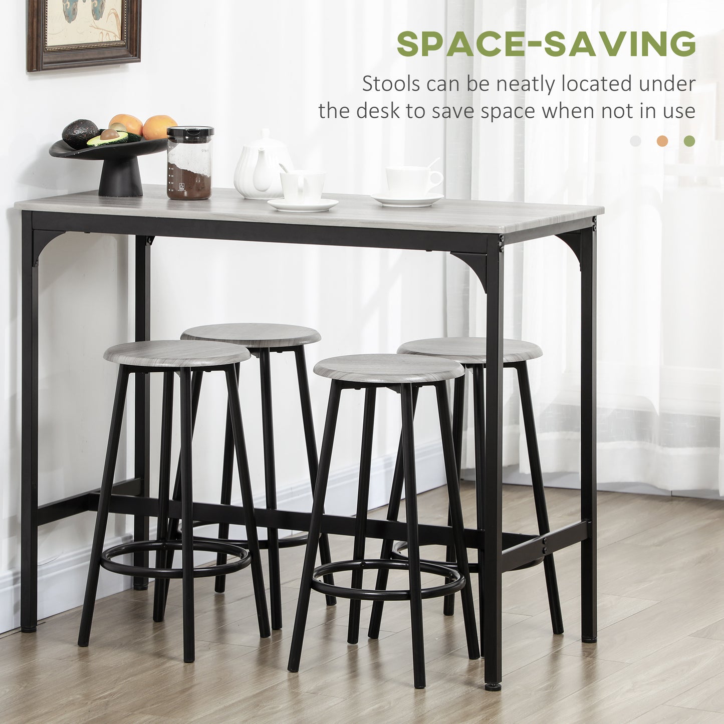 HOMCOM Five Piece Industrial Style Bar Table Set With Four Stools In Grey And Black Kitchen Breakfast Bar