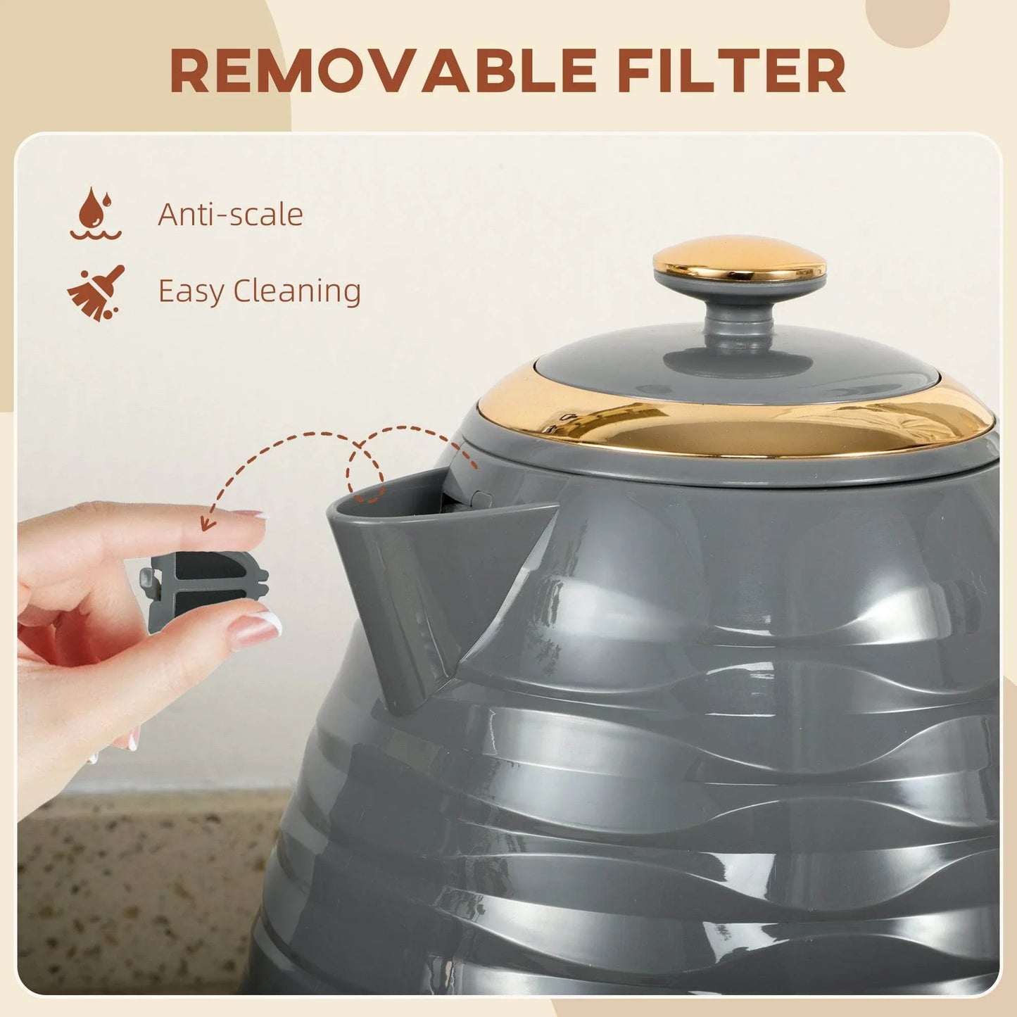 HOMCOM 3000W Rapid Boil Electric Kettle with 1.7L Capacity, Removable Filter, Auto Shut-off, 360° Base, BPA Free - Grey Water Ripple Design - ALL4U RETAILER LTD