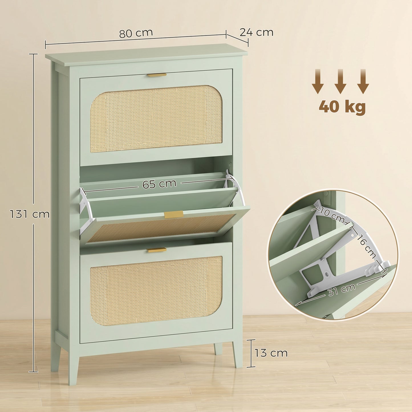 HOMCOM Narrow Boho Shoe Cabinet With Three Flip Drawers Holds 21 Pairs Light Green Entryway Storage
