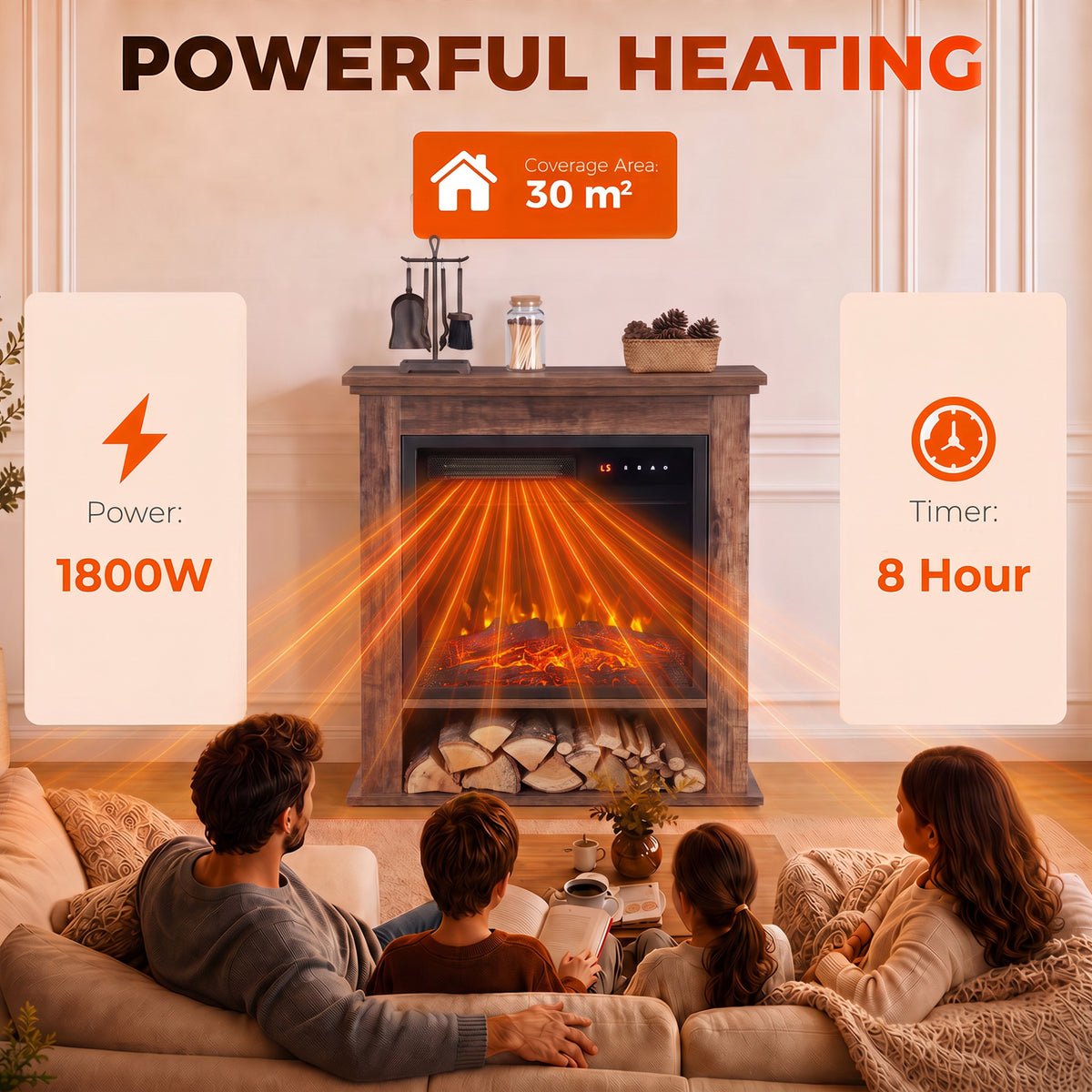 Electric fireplace suite with warm LED flame effect and open log storage