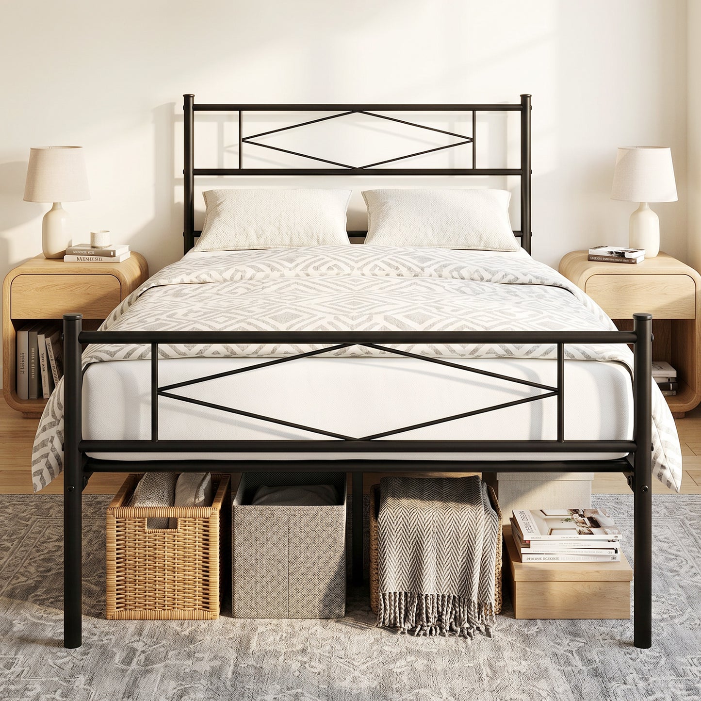 HOMCOM 3ft Single Bed Frame With Headboard And Footboard Metal Platform Bed Frame With 32 Cm Underbed Storage Black