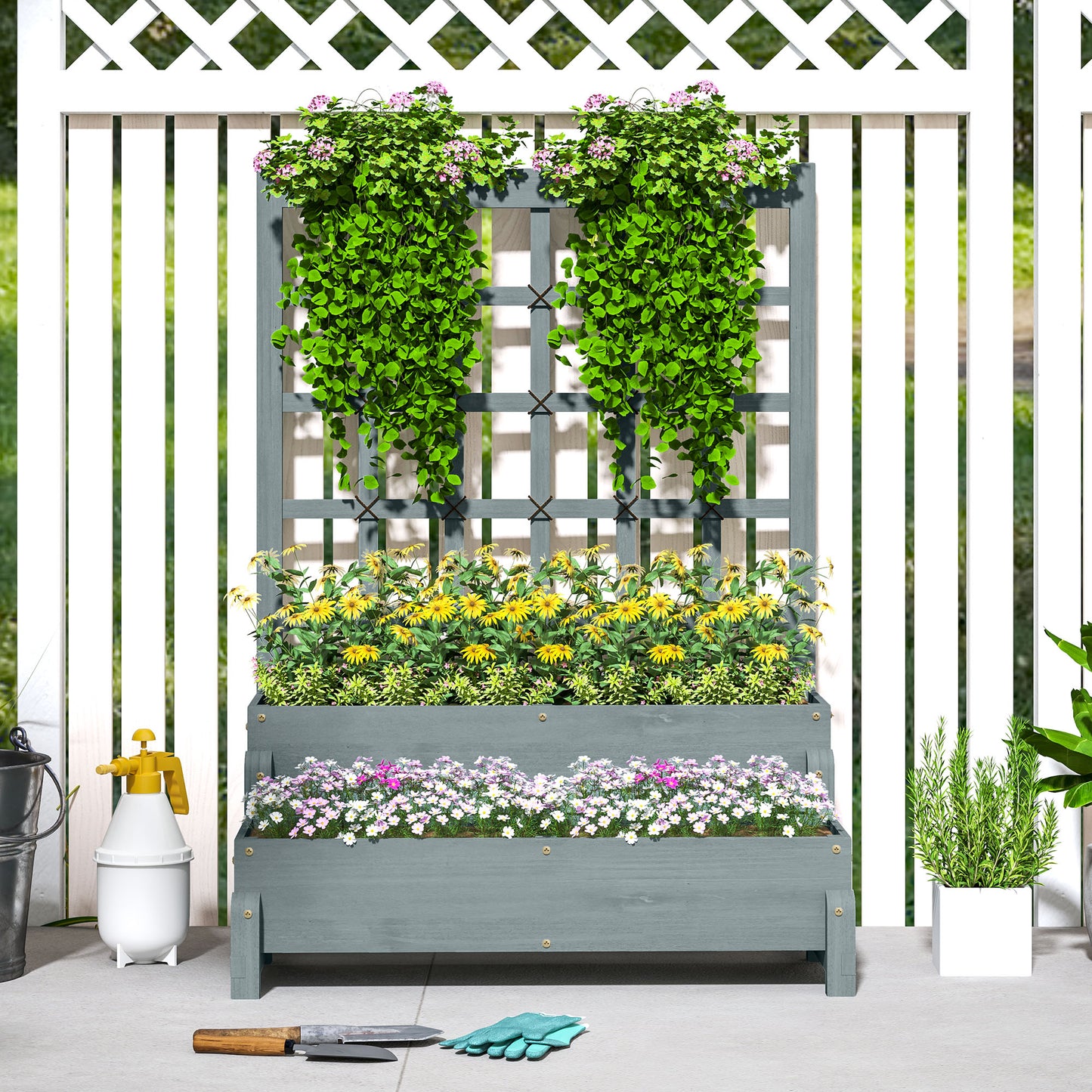 Outsunny 2 Tier Raised Garden Bed With Trellis Wooden Planter Box Drainage Holes Garden For Climbing Plants Grey