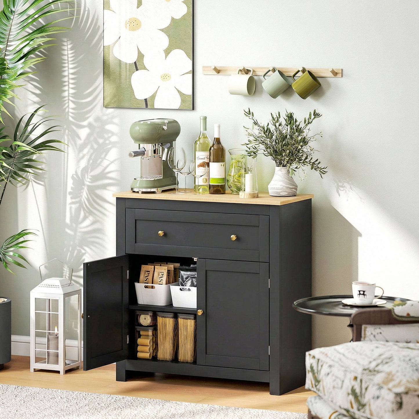 HOMCOM Sideboard Storage Cabinet With Adjustable Shelf Drawer And Double Doors Black Modern Kitchen Cupboard