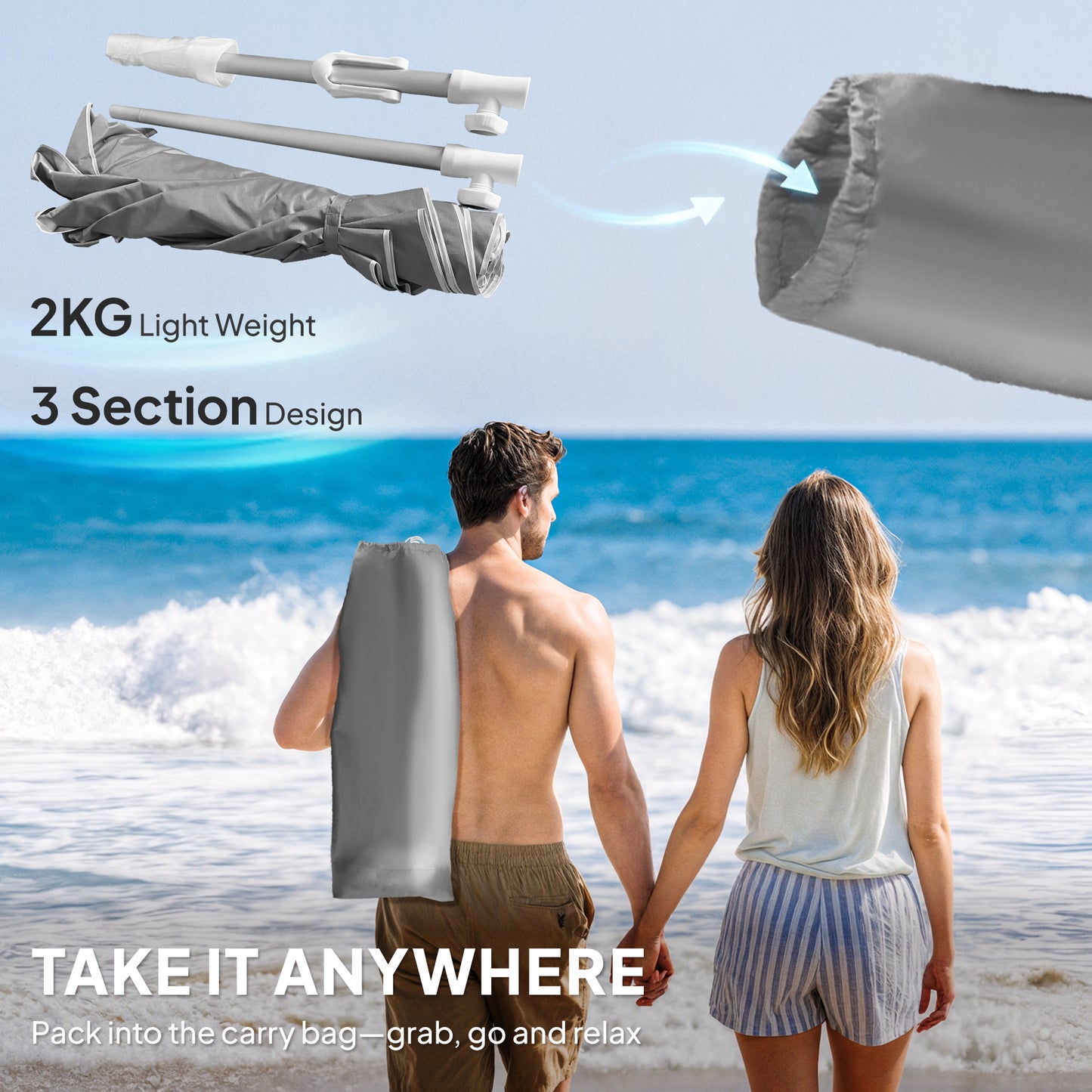Outsunny Beach Umbrella Portable Sand Anchor With Carry Bag Adjustable Height Tilt UPF50 UV Protection Grey