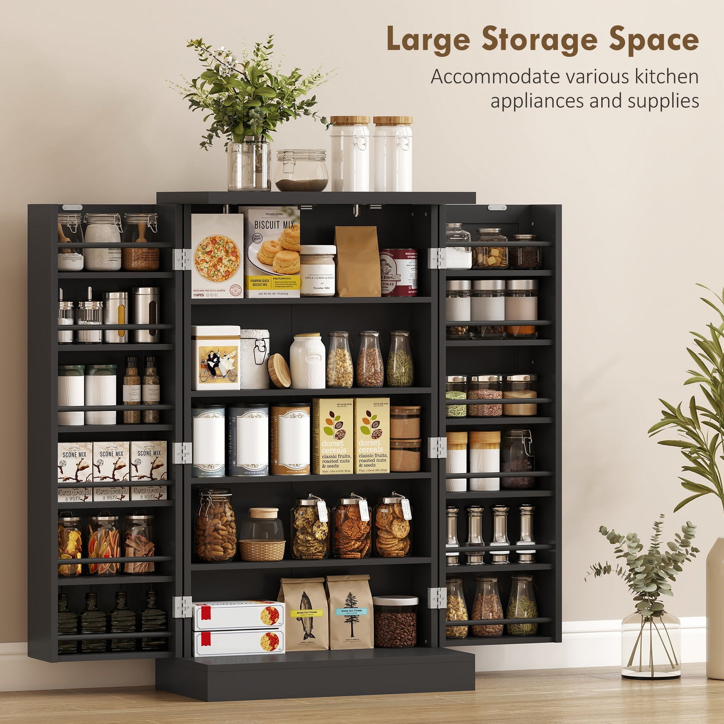 HOMCOM Freestanding Kitchen Pantry Cabinet With Five Inner Shelves And Adjustable Shelves Black