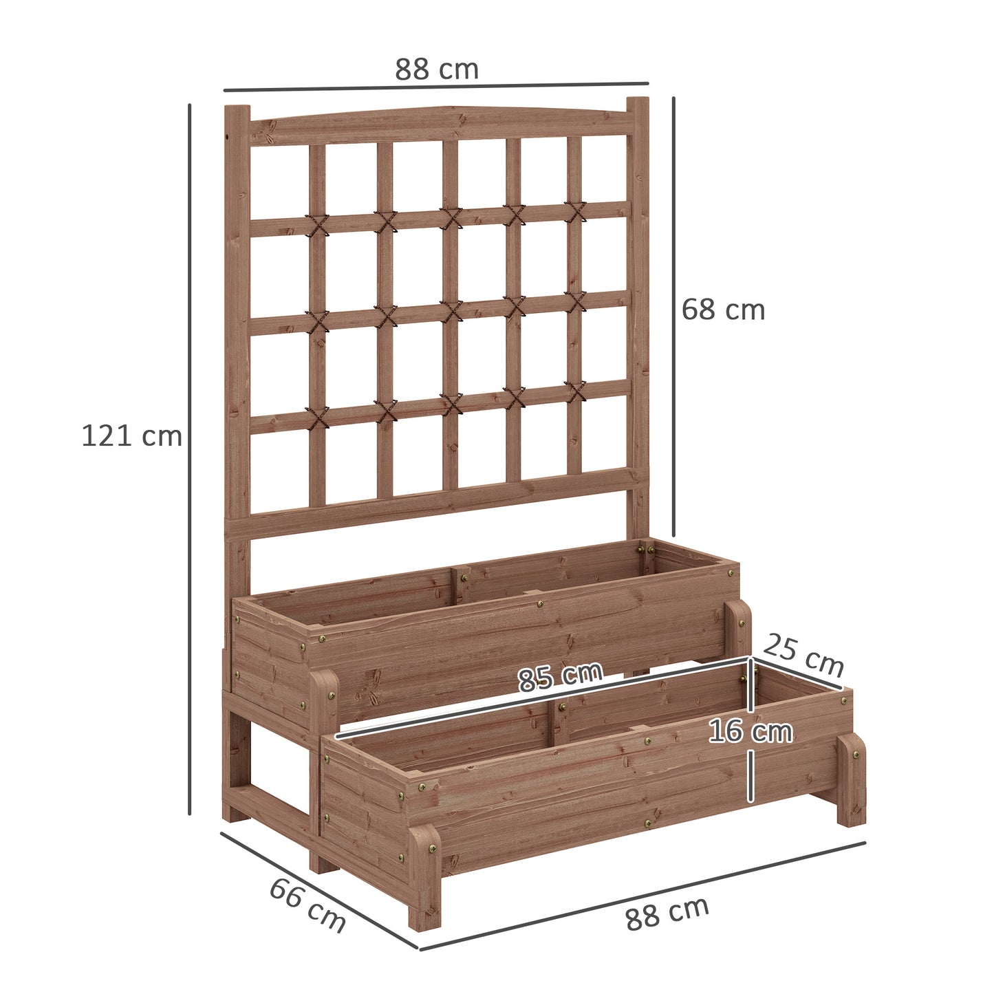 Outsunny 2 Tier Raised Garden Bed With Trellis Wooden Planter Box Drainage Holes For Climbing Plants