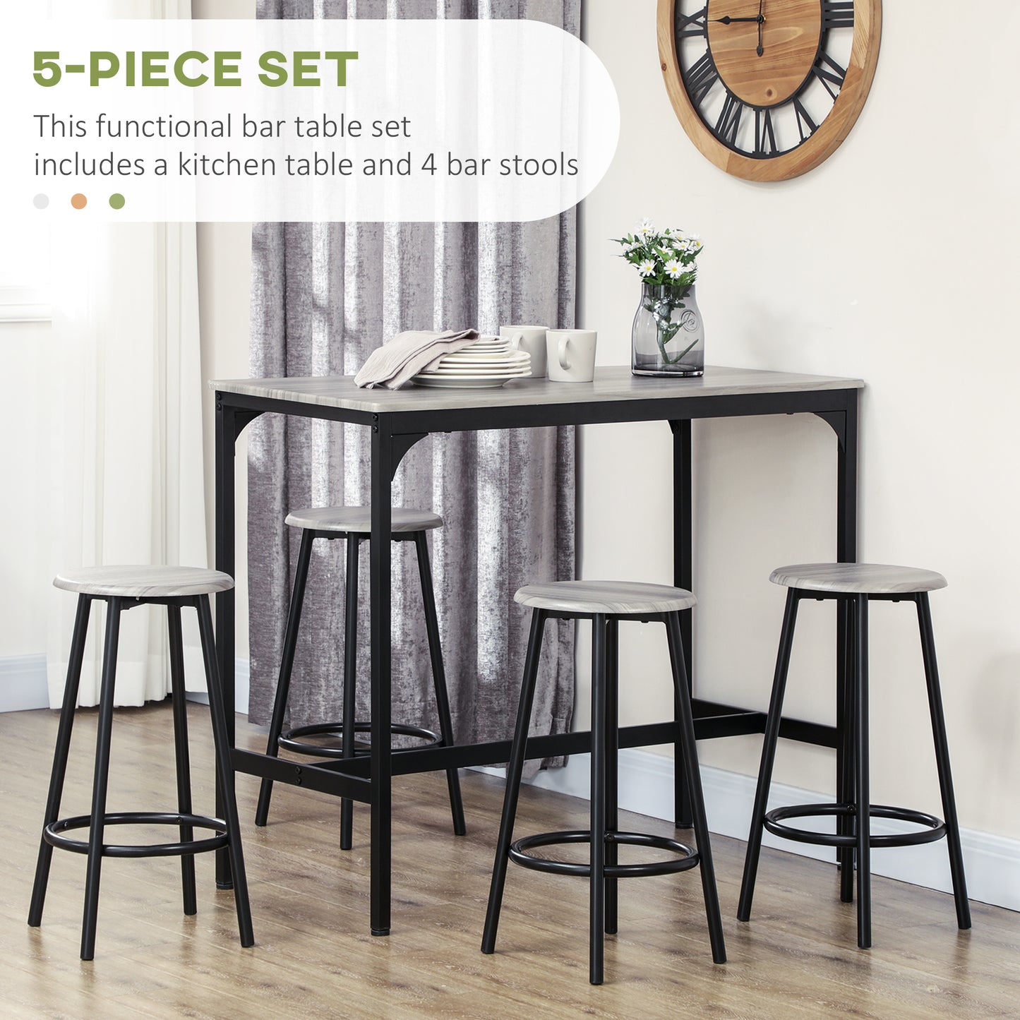 HOMCOM Five Piece Industrial Style Bar Table Set With Four Stools In Grey And Black Kitchen Breakfast Bar