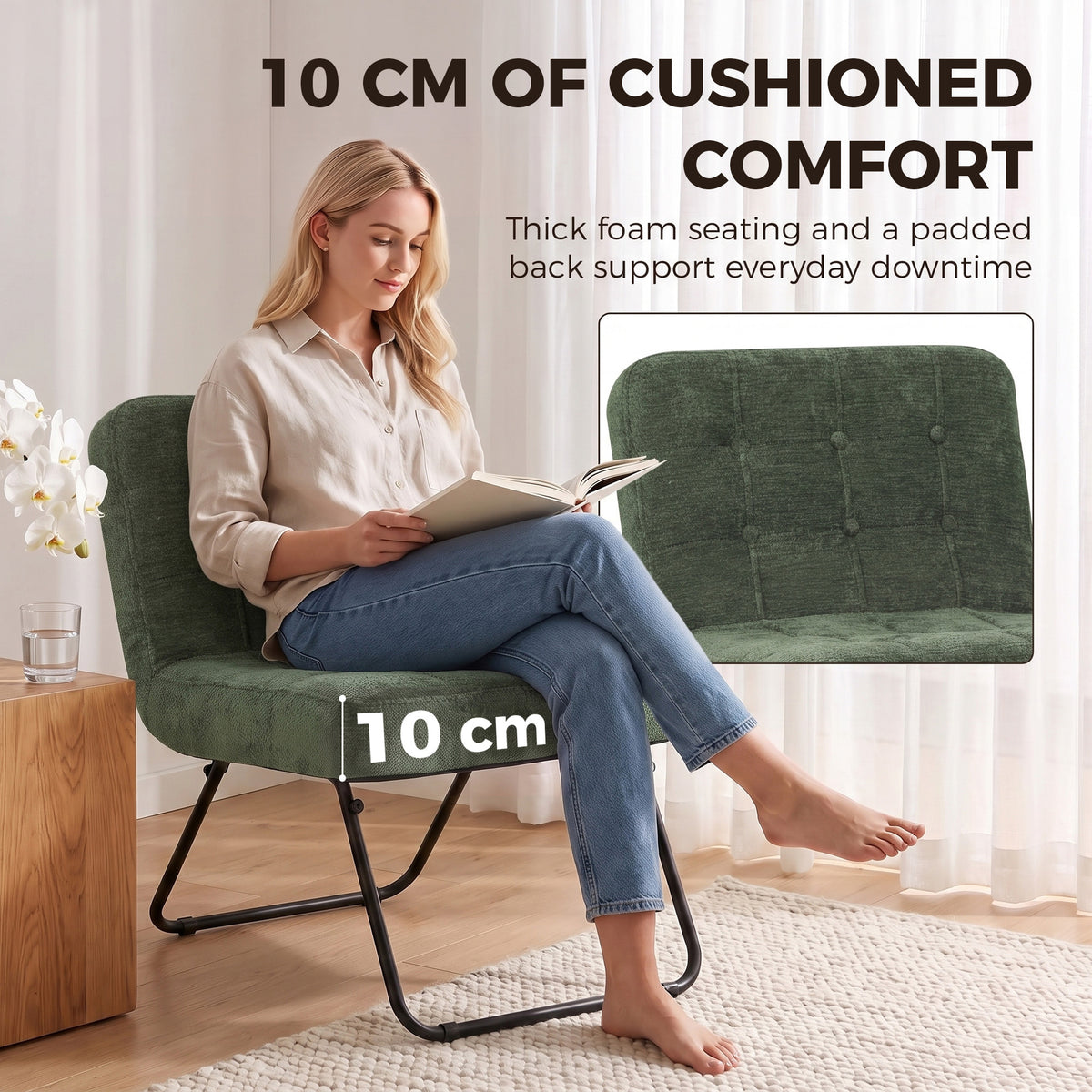 Dark green tufted accent chair with padded back, thick seat, and black metal base