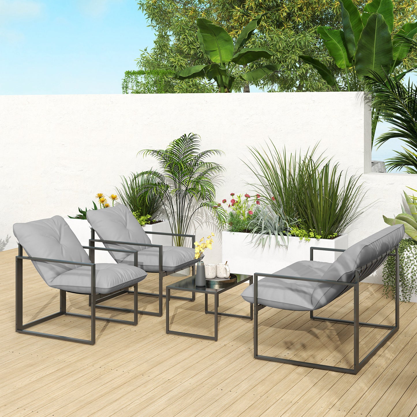 Outsunny Four Piece Relaxed Back Garden Dining Set Black And Light Grey With Steel Frame And Thick Cushioned Seats