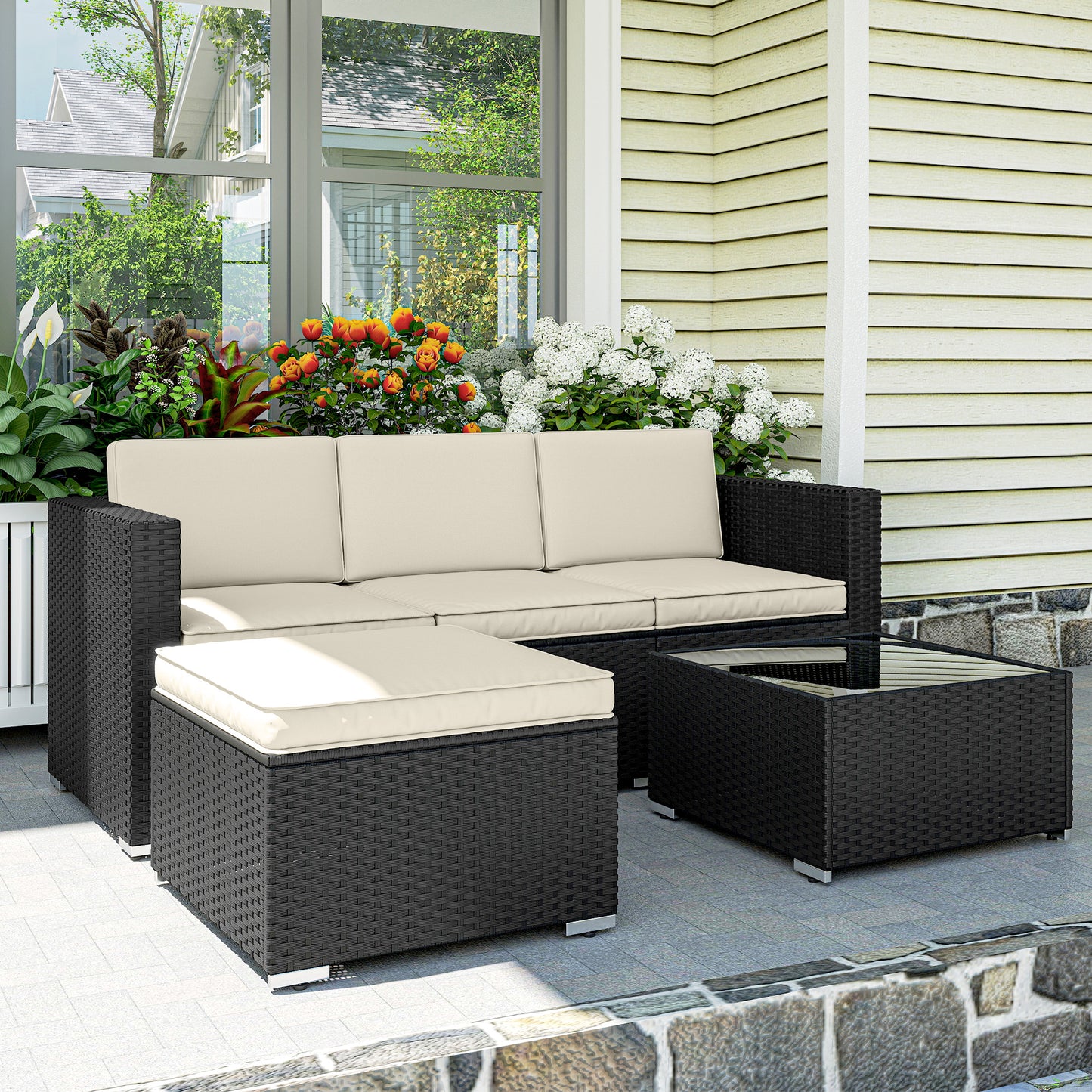 Outsunny 3 Pieces Garden Furniture Set With Cushions PE Rattan Wicker Conversation Corner Sofa Set