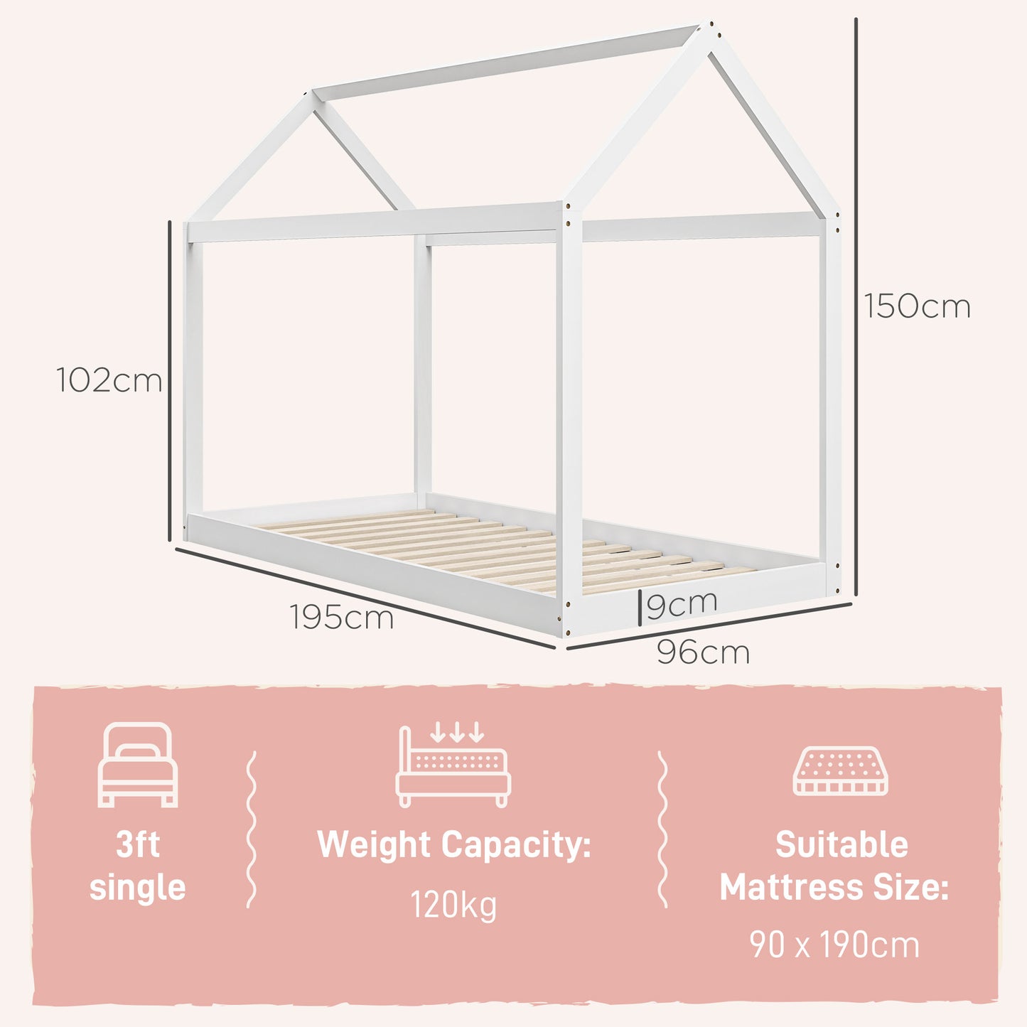 Scandinavian Style House-Shaped Single Bed Frame for 90x190cm Mattress - White Pine Wood - ALL4U RETAILER LTD