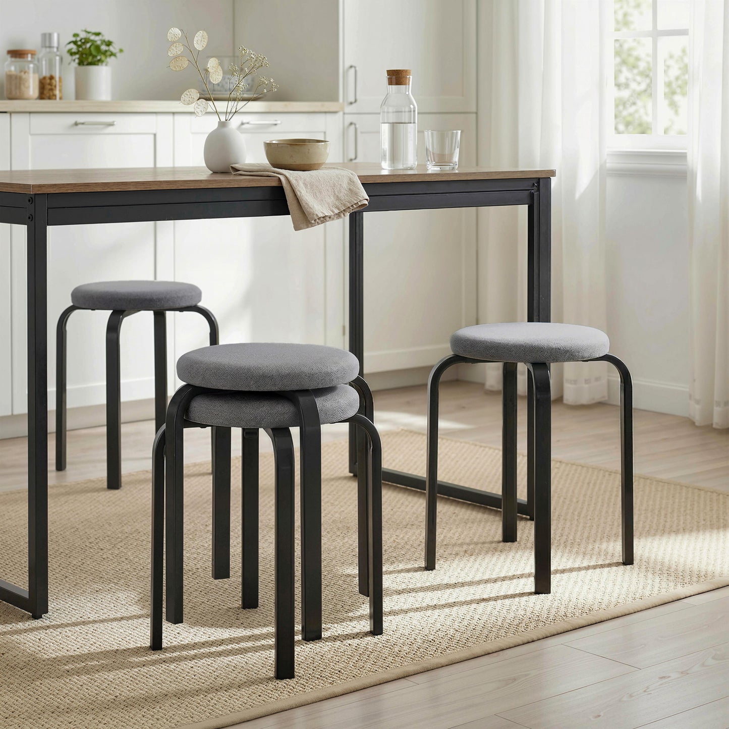 HOMCOM Stackable Cushioned Round Backless Stools Set of 4 for Kitchen Dining Room in Dark Grey