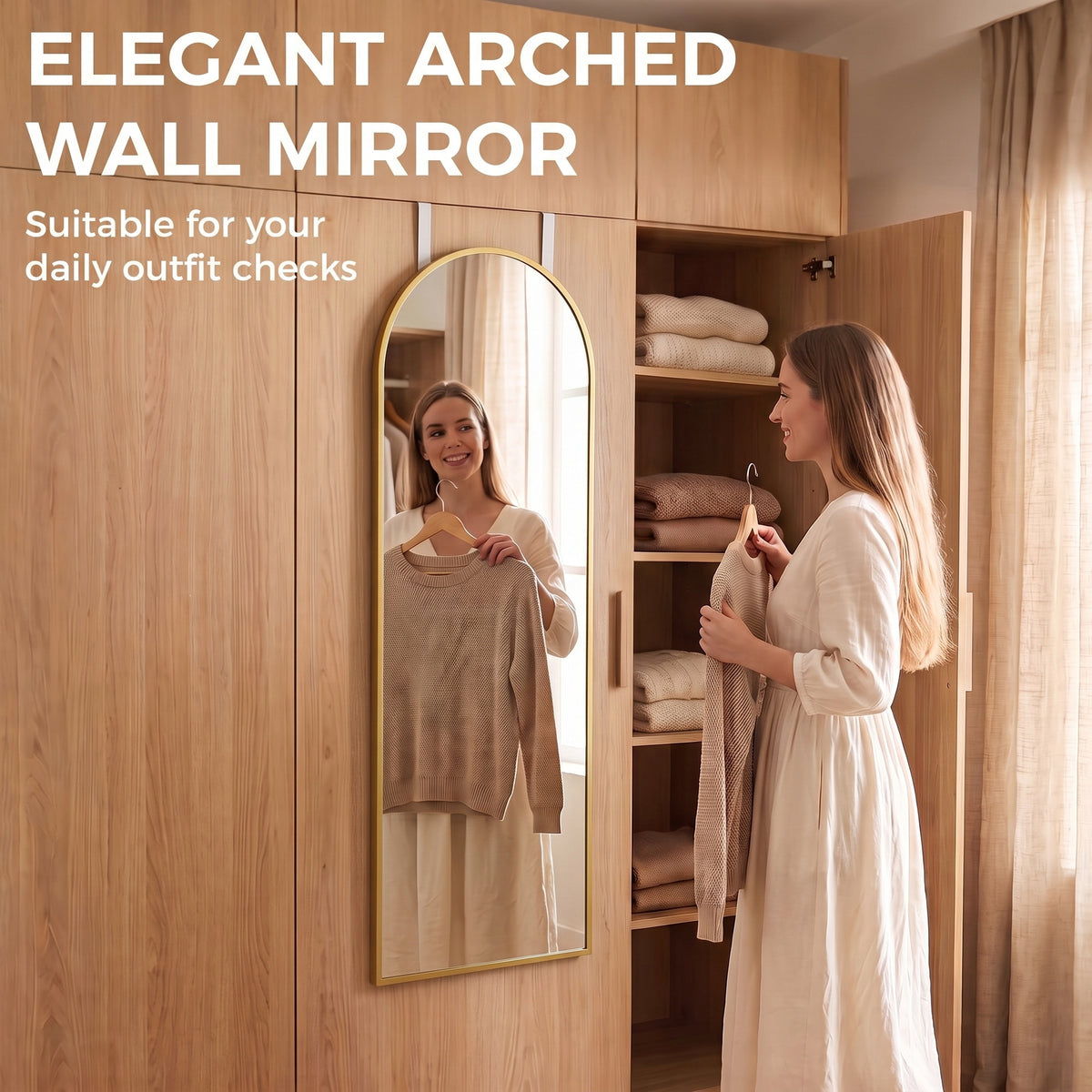 Arched full-length wall mirror with gold frame for daily outfit checking