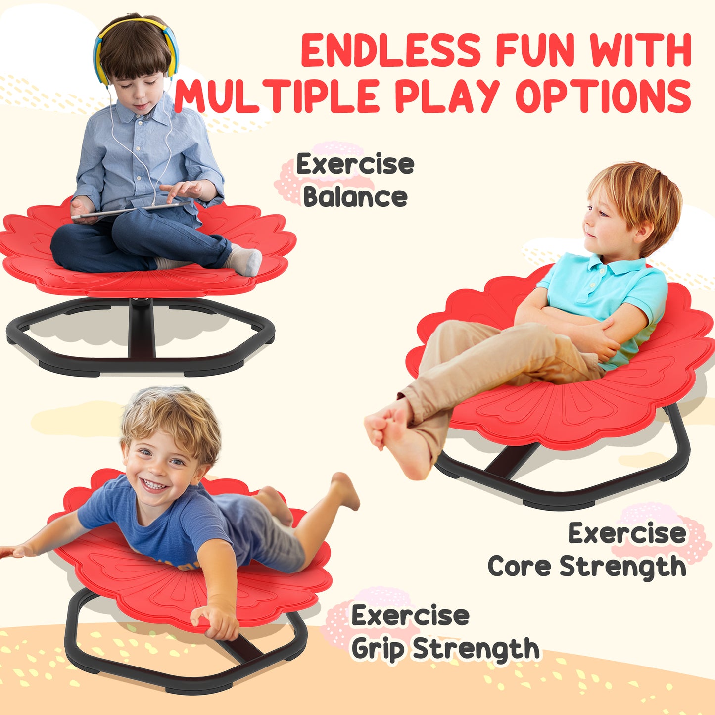AIYAPLAY Flower Shaped Sensory Spinning Chair With Non Slip Base For Balance And Coordination Red