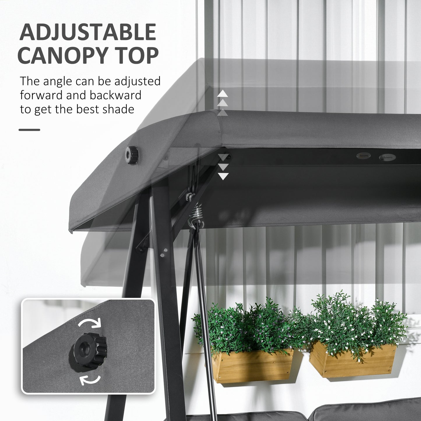 Outsunny Two Seater Garden Swing Bench With Adjustable Canopy Dark Grey Outdoor Patio Furniture