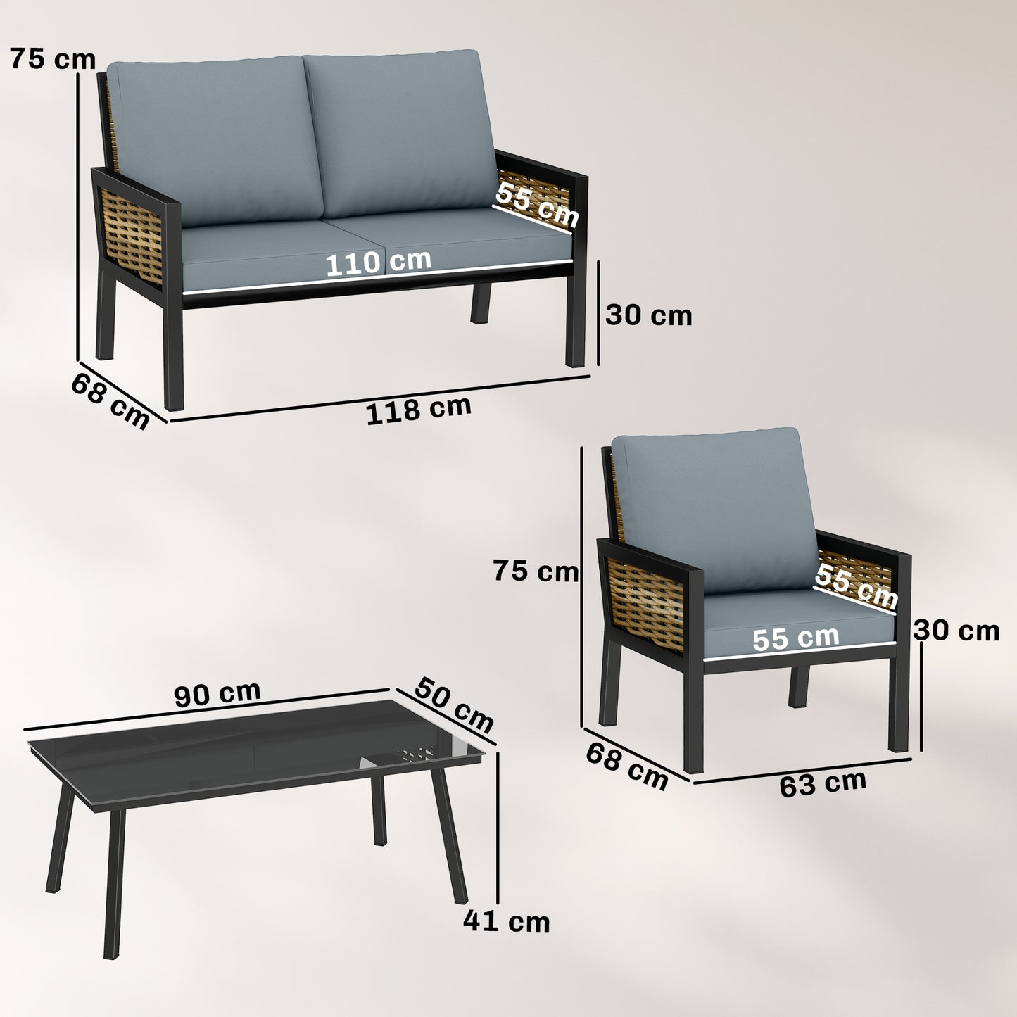 Outsunny 4 Seater Rattan Garden Furniture Set With Two Armchairs Loveseat And Coffee Table Grey Cushions
