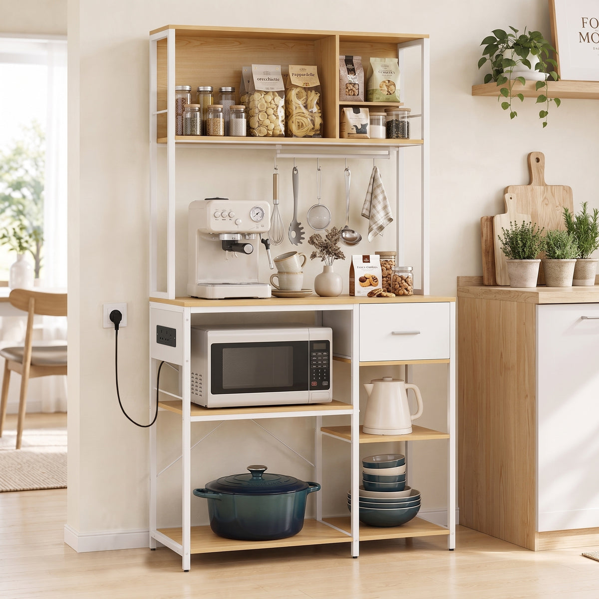 Homcom Kitchen Storage Rack With USB Outlet Drawer Oak White