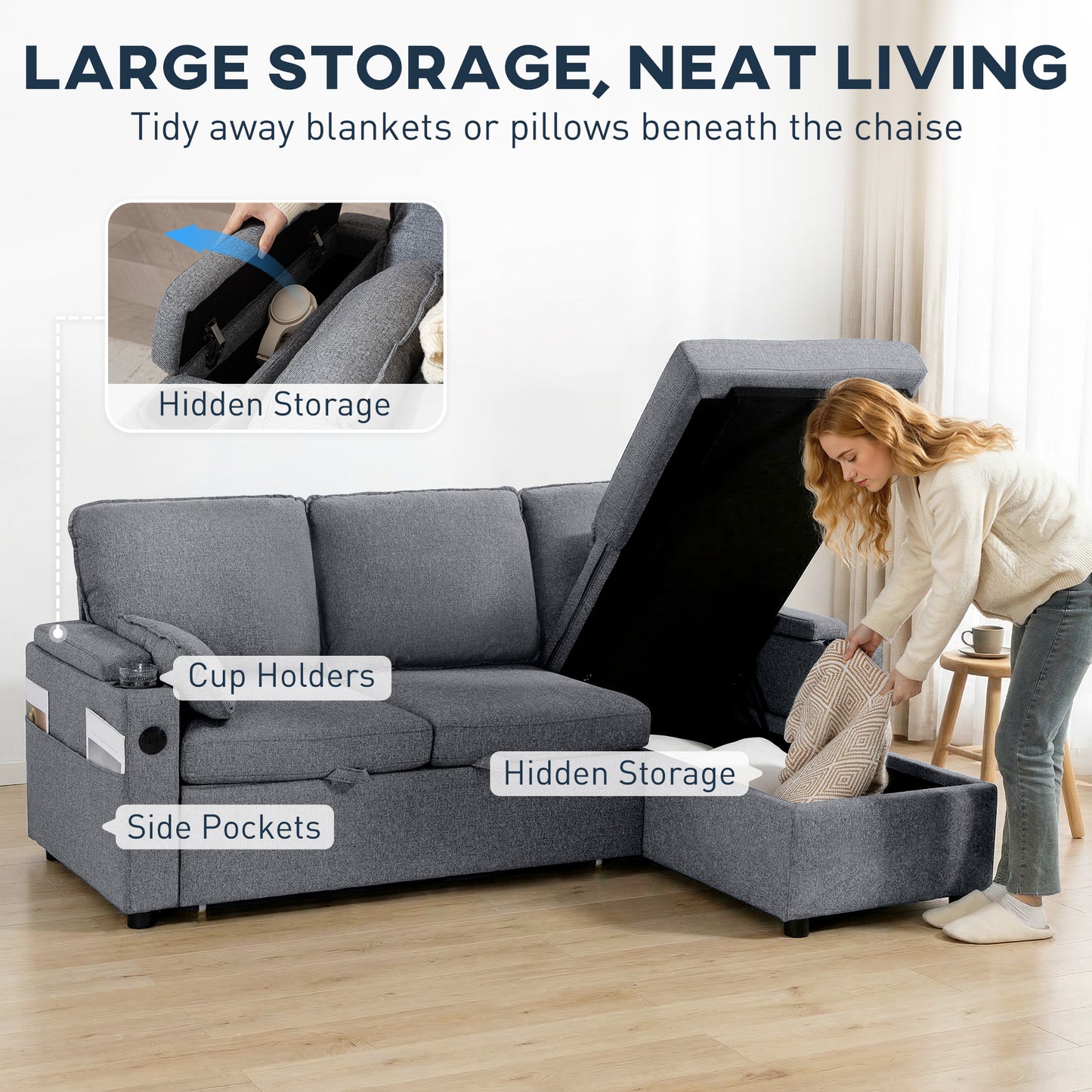 HOMCOM Corner Sofa Bed L Shaped Sleeper Sectional With Reversible Storage Chaise Pocket Springs Grey