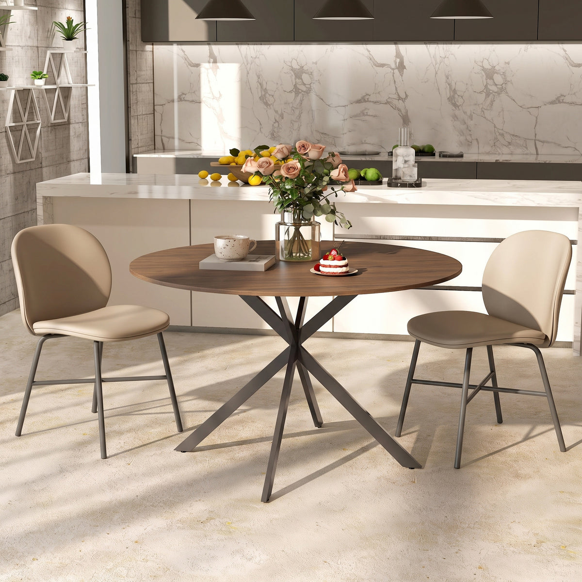 Round dining table with dark brown round top and black X-shaped steel legs.