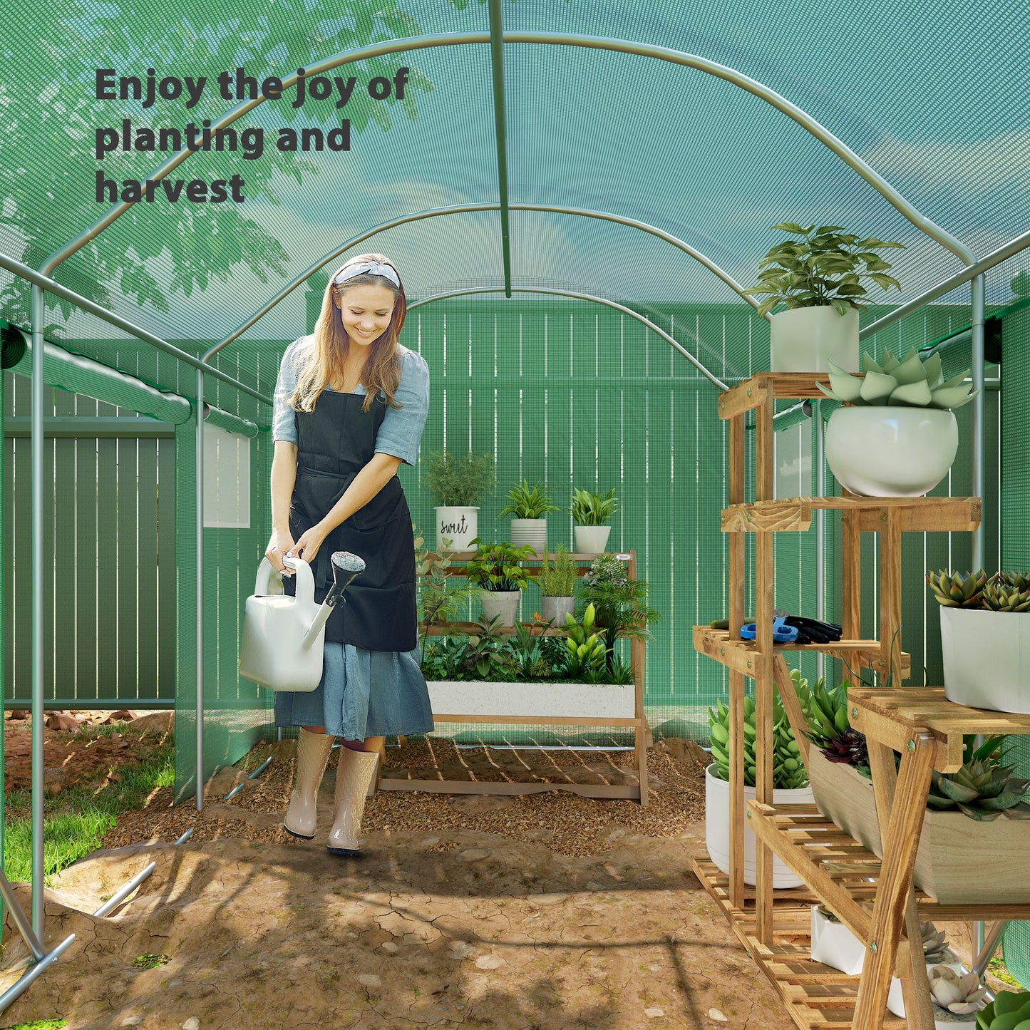 Outsunny 9.8 By 6.6 Ft Walkin Polytunnel Greenhouse Green With Three Roll Up Doors And Mesh Windows 140gsm Cover