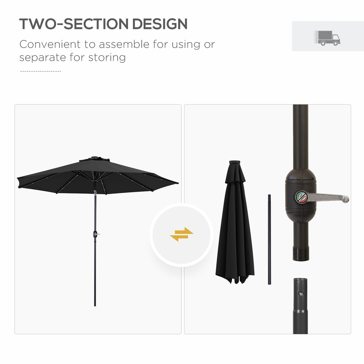 Outsunny 2.7m Black Patio Umbrella with Solar LED Lights and Tilt Function - ALL4U RETAILER LTD