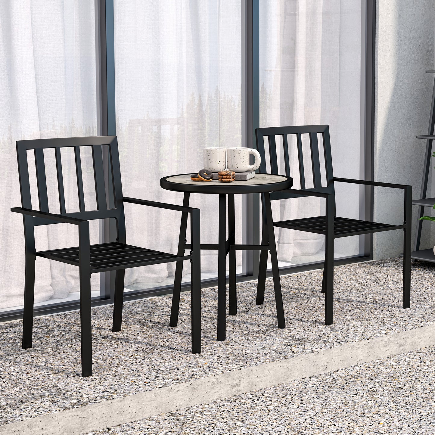 Outsunny 3 Piece Patio Bistro Set With Round Table And Stackable Chairs Galvanised Steel Frame Grey