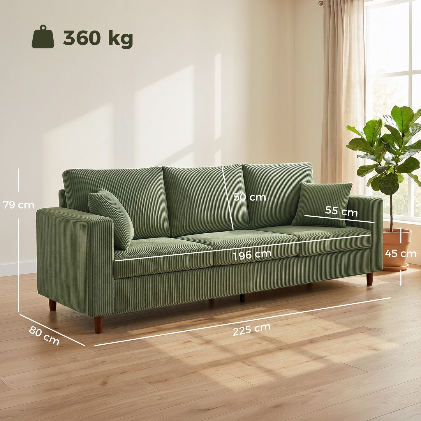 HOMCOM 3 Seater Sofa With Wide Seat Corduroy Fabric Couch Deep Seat Spring Cushion Green