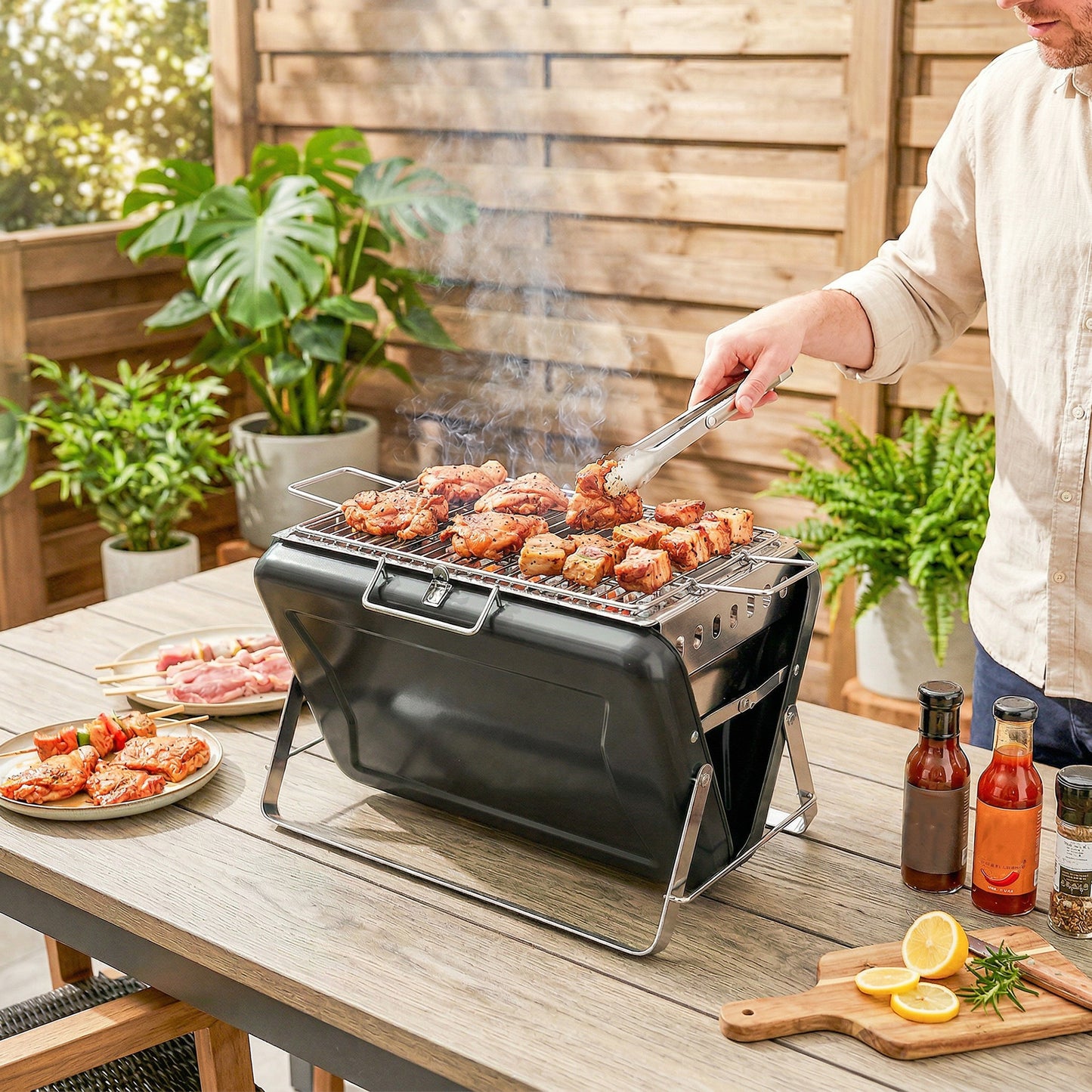 Outsunny Portable Charcoal BBQ Grill Stainless Steel Tilting Grate for Camping Picnic Garden Black